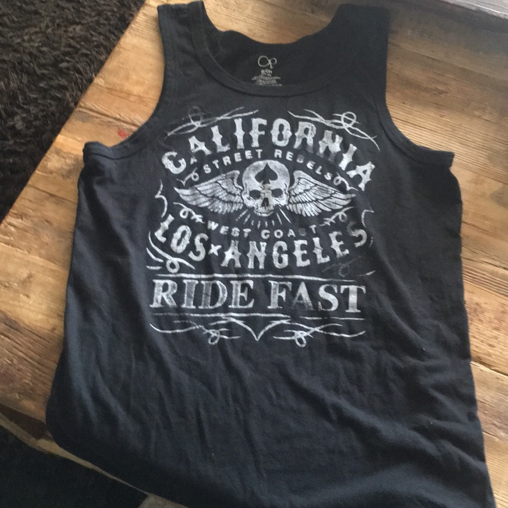Op black cotton/poly tank top with graphics